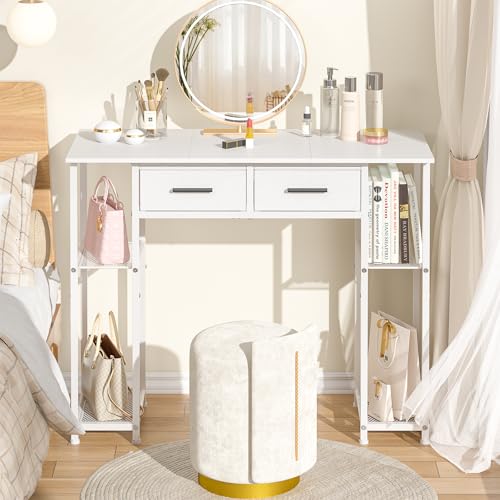 ThreeHio White Vanity Desk No Mirror, Small Makeup Table with Drawers, Girls Vanity Dressing Table with Storage Shlef for Bedroom, 37.3 Inches Compact Vanity for Small Spaces ThreeHio