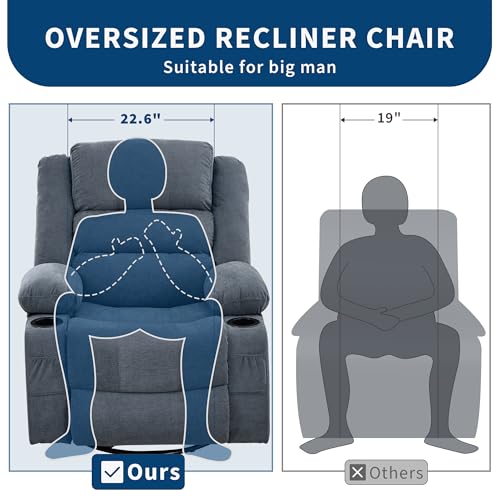Rocking Recliner Chair for Adults Wide 360° Swivel Rocker Recliner with Cup Holder Nursery Glider with Upholstered Deep Seat Linen Lazy boy Chair for Living Room Blue