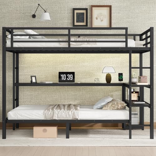 Harper & Bright Designs Metal Bunk Bed with Desk and Shelves, Full Over Twin Bunk Bed Frame with LED and USB, Multiple Placement (Full/Twin, Black) Harper & Bright Designs
