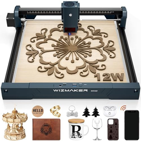 WIZMAKER Wand 12W Laser Engraver, 300×300mm High-Power Diode Laser Cutter for Wood, Leather, Paper, MDF, Felt, Coated Metals, Dark Acrylic, DIY, Small Business Projects WIZMAKER