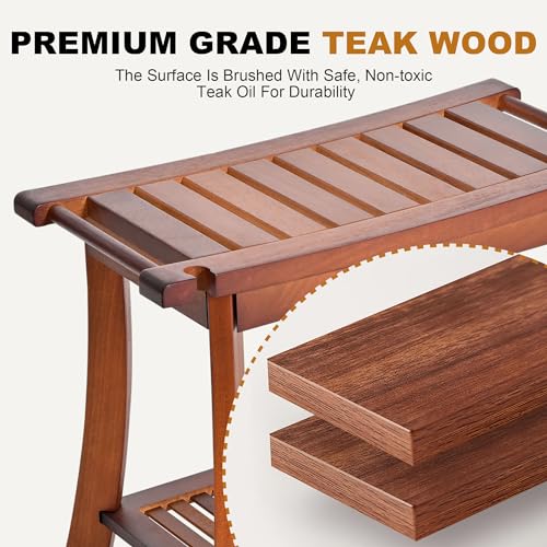 Jekruiet Teak Shower Chair Stool, 24 Inch Shower Bench Seat, Wooden Bathroom Bench with Storage Shelf for Adults, Elderly, Disabled Indoor & Outdoor Use - WoodArtSupply