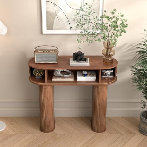 Round Console Table, Mid Century Modern Console Table, Sofa Table, Narrow Entryway Table for Hallway Living Room (Walnut) LUVIOHOME