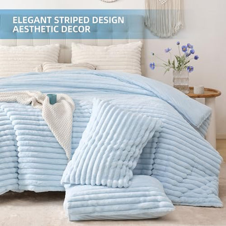 Smoofy Fluffy Full Size Comforter Sets 3 Pieces - Light Blue Fleece Fluffy Comforter Set, Luxury Fuzzy Full Bed Set, Soft Comforter Full Size All Season, Heavy Faux Fur Comforter with 2 Pillow Cases Smoofy