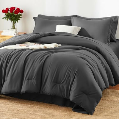 HIMEET Queen Comforter Set - 7 Pieces Bed in a Bag Queen Size, Luxury Comforter Set with Sheets for All Season, Bed Set with Comforter, Flat Sheet, Fitted Sheet, Pillowcases & Shams, Dark Grey