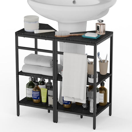 Under Pedestal Sink Shelf, 2 Pack Under Sink Organizers and Storage, 3-Tier Pedestal Under Sink Storage Bathroom Vanity, Corner Shelf Stand for Bathroom, Kitchen, Living Room, Black CADUKE