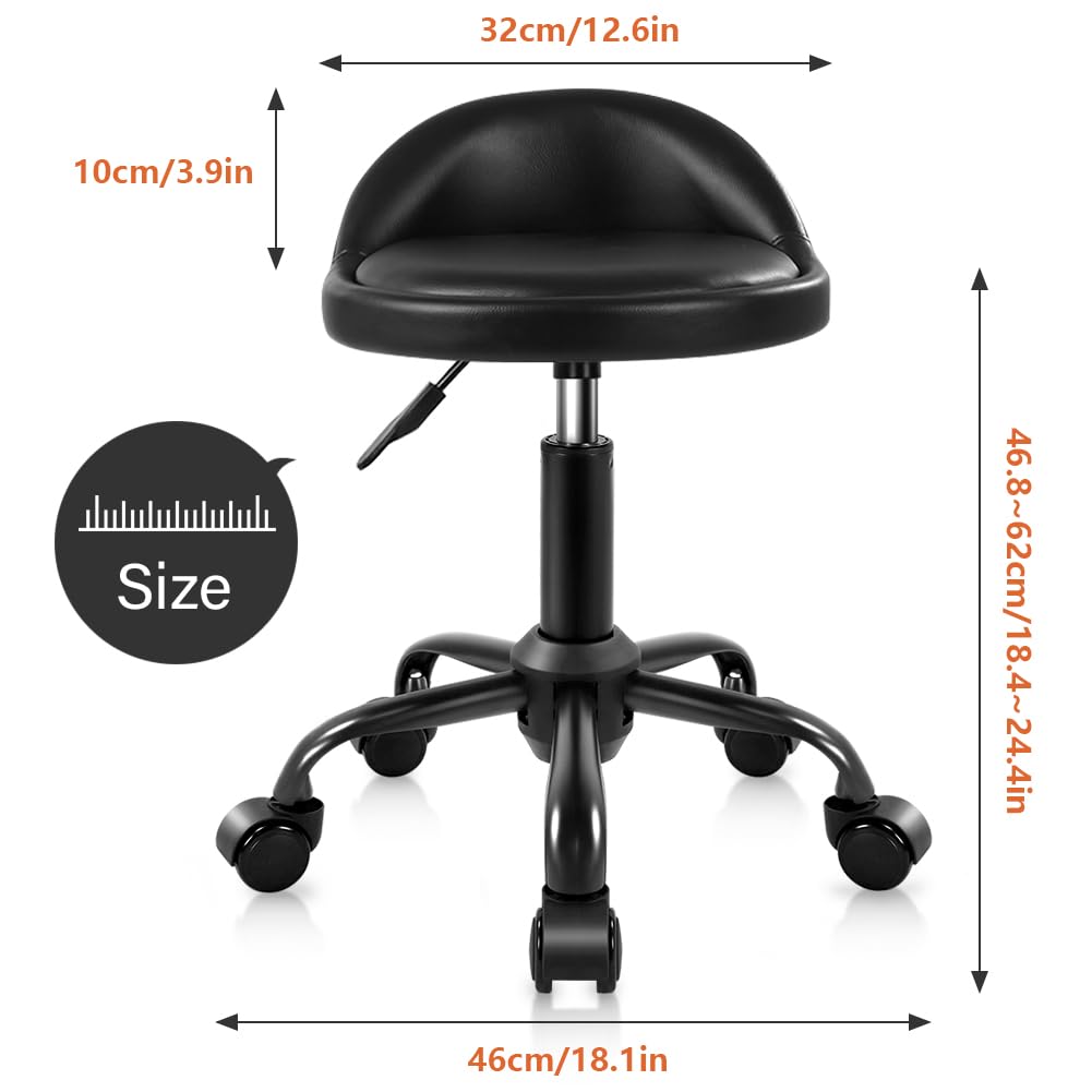 KKTONER Rolling Stool with BackRest Height Adjustable Round Chair with Wheels Swivel Drafting Work PU Leather stools Small (Black) KKTONER