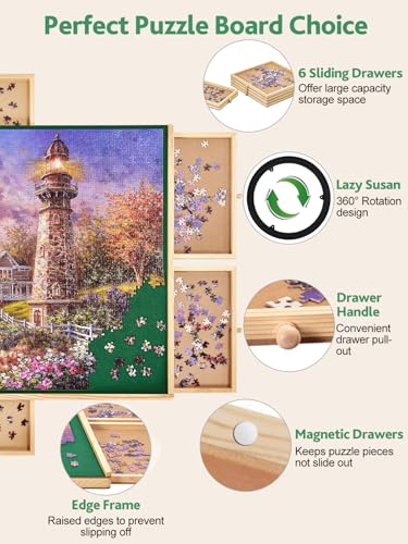 1500 Pieces Rotating Wooden Jigsaw Puzzle Board, 27"x35" Puzzle Board with 6 Drawers & Cover, 360 Degree Rotating Puzzle Storage Table for Adult