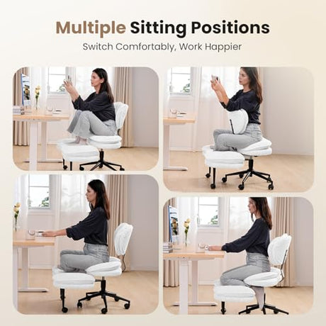 Cross Legged Office Chair, Ergonomic Cloud Criss Cross Desk Chair, Meditation Chair with Wheels, Height Adjustable Seat for ADHD, Wide Kneeling Chair with Back Support, Corduroy Fabric, White HOMRELEXA