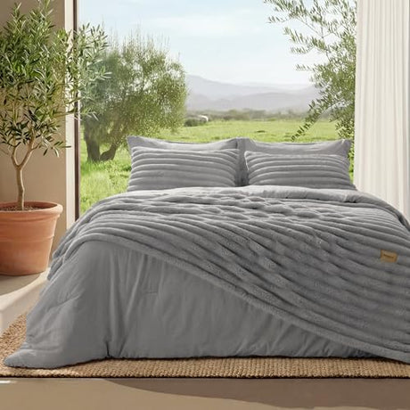 Bedsure Gentlesoft™ 2-in-1 Queen Comforter Set and Detachable Fluffy Blanket, Grey Bedding Set for All Season Use, SnapTech Design for Space Saving (Includes 2 Pillow Shams, 2 Pillowcases) Bedsure