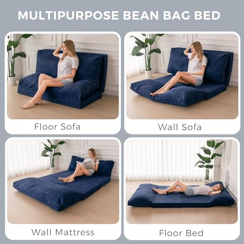 MAXYOYO Folding Sofa Bed, Extra Thick and Long Floor Sofa Convertible Sleeper Chair with Washable Cover, Floor Couch Lounge Bean Bag Bed for Living Room, Navy, 30x95 Inch MAXYOYO
