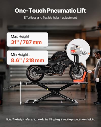 VEVOR Motorcycle Lift Table, 1500lbs Weight Capacity, Pneumatic Motorcycle Jack, 8.6-31 in Height Range, Heavy Duty Bike Repair Stand with Removable Workbench, Repair Platform for ATVs, Dirt Bike VEVOR
