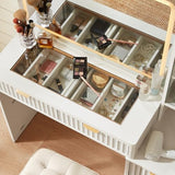 LEYAOYAO Vanity Desk with Mirror and Lights, 43.5'' Fluted Makeup Vanity with 6 Drawers and Adjustable Shelves, Wood TC Make Up Vanity Dressing Table with Glass Top and Power Outlet for Bedroom LEYAOYAO
