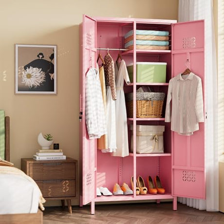 METAN 71" H*33.5" W*20" D Metal Wardrobe Closet with Lock,Extra Deep 2 Doors Metal Wardrobe Cabinet for Home,Assembly Required,Pink METAN