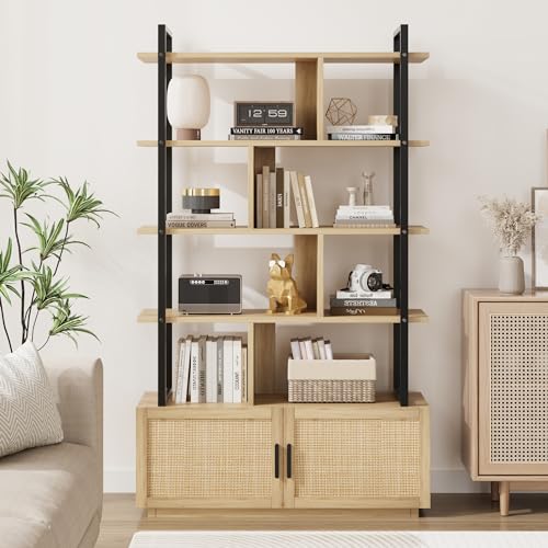 GAOMON 5-Tier Burlywood Industrial Bookshelf with Storage Cabinet and Open Display Shelves - WoodArtSupply