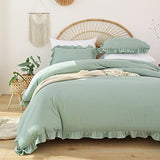 JANZAA Twin Comforter Set Sage Green Comforter Set 2PCS Ruffled and 1 Pillow Case Fluffy Vintage Farmhouse Shabby Chic Bedding Soft All Season JANZAA