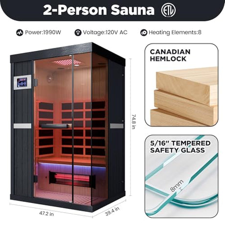 DAIMOT 2-Person Full Spectrum Sauna, 1990W 120V with 12"*12" Red Light Therapy, 2 Speakers, Indoor Dry Sauna for Home & Gym, Canadian Hemlock Wood DAIMOT