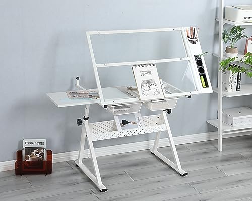 Miscoos White Adjustable Tempered Glass Drafting Table with Chair, 39.76" x 23.60" | Steel Frame, Anti-Slip Feet, Storage & Pen Holder