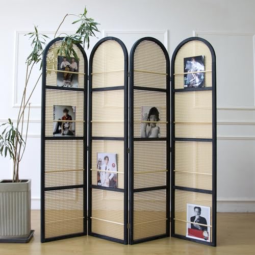 Furnnylane 4 Panel Room Divider Screen and Folding Panel Screen in Arch Shape and Book Storage Function,Double Sided Rattan Divider for Room Separation,Brown,70.9" H x 70.9" W Furnnylane