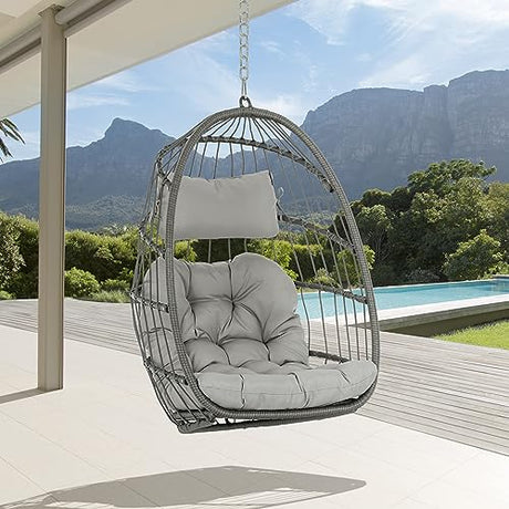 Brafab Wicker Rattan Hammock Egg Swing Chair with Hanging Chain, Aluminum Frame and UV Resistant Cushion, Indoor Outdoor Bedroom Patio Porch Foldable Camping Chair (Without Stand) Brafab