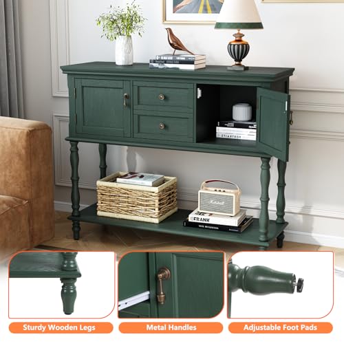 ARTPOWER Console Table with 2 Drawers, Retro Entryway Table with 2 Door Cabinets and Open Storage Shelf, Narrow Long Behind Couch Sofa Table for Living Room, Foyer, Hallway, Green ARTPOWER