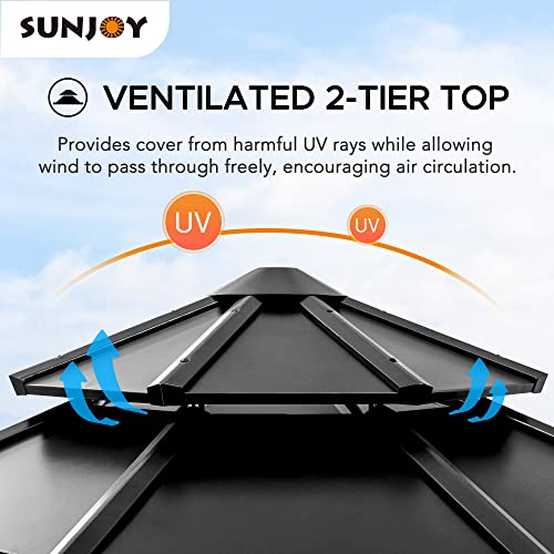 Sunjoy Allentown Collection 13 ft. x 13 ft. Cedar Framed Octagon Wood Gazebo with Steel 2-Tier Hardtop Roof, Black - WoodArtSupply