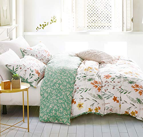 SLEEPBELLA Duvet Cover Set 600 Thread Count Cotton Bedding Set (Full, White&Green Floral) SLEEPBELLA