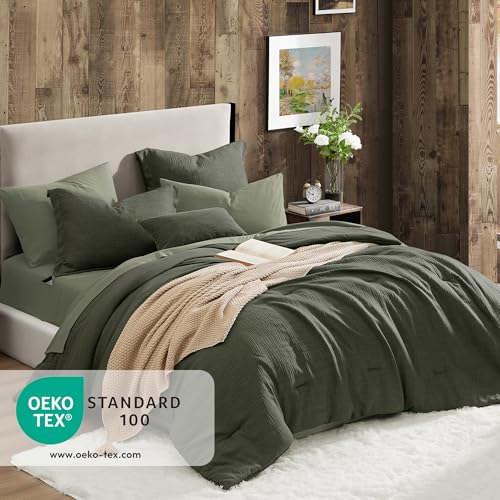 Geniospin Dark Olive Green Full Comforter Set - 7 Pieces Comforter Full Size, Solid Bedding Set for All Season, Textured Bed in a Bag with Sheets Geniospin