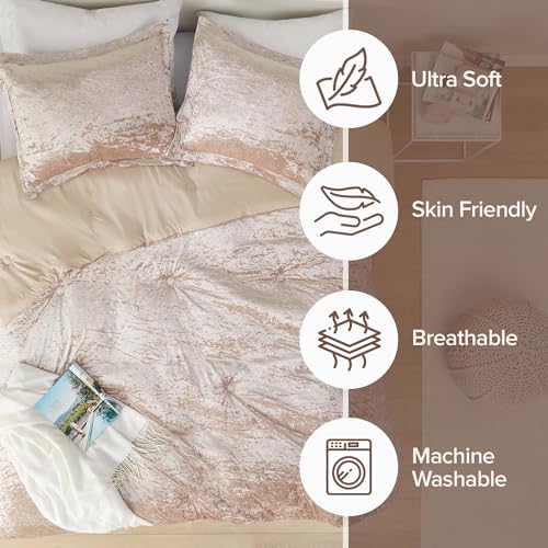 Comfort Spaces Luxe Queen Comforter Set Velvet Comforters for Queen Size Bed, Microfiber Reverse, Juliette, All Season Velvet Bedding Queen Size, Fluffy Bed Set, Sham, Full/Queen, Champagne 3 Piece Comfort Spaces