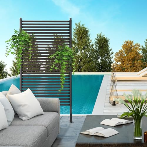 Metal Outdoor Privacy Screen with Stand, 3 ft W x 6 ft H PE-Coating Steel Pipes and Slats Panels, Decoative Privacy Screen Fence Panels Freestanding for Outside Patio Garden Backyard, Brown OTOSUNNY