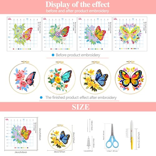 Zhenqing 4-Pack Butterfly Cross Stitch Kits – 11CT 24x24cm Aida Cloth with Blue, Pink & Floral Designs – Vibrant Home Wall Art Decor Set（68121）