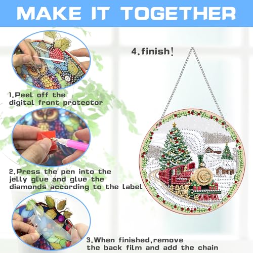 VAIIEYO Christmas Diamond Art Hanging Ornament, Train Diamond Painting Suncatchers Window Hanging Kit with Chain, 7.5x7.5 inch Crystal Pendant Art Craft for Gift Home Wall Front Door Decoration VAIIEYO