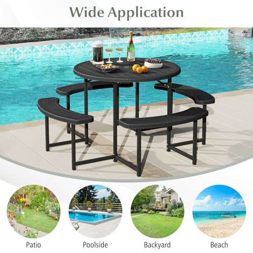 Giantex Picnic Table Bench Set for 4-8 Person, Round 37” Outdoor Dining Table w/Umbrella Hole, HDPE Tabletop, Metal Frame, Patio Furniture Set for Backyard Porch Lawn, 1400lb Capacity (Black,Round) Giantex