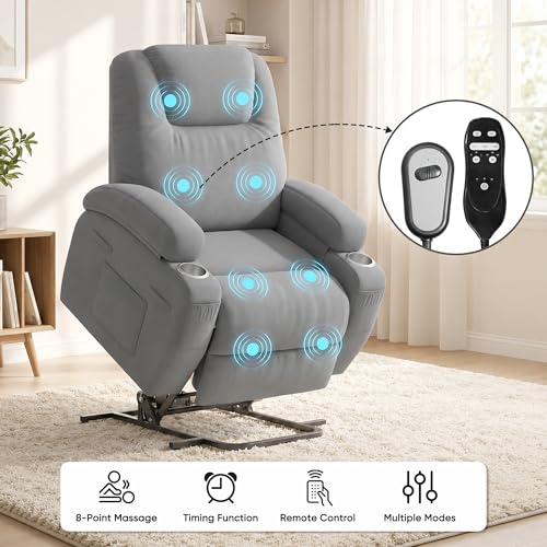 Flamaker Power Lift Chair Massage Recliner Chairs for Elderly - Ergonomic Design with Cup Holders & Side Pockets, Remote Control (Gray)