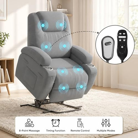 Flamaker Power Lift Chair Massage Recliner Chairs for Elderly - Ergonomic Design with Cup Holders & Side Pockets, Remote Control (Gray) Flamaker