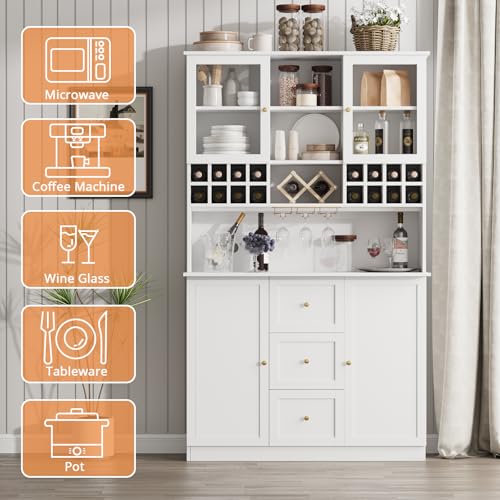 VOWNER 78'' Bar Cabinet with LED Light and Storage Shelves, Tall Freestanding Liquor Cabinet with Wine & Glasses Rack, Storage Cabinet for Kitchen,Dining Room, White VOWNER