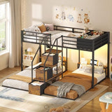 ADORNEVE Triple Bunk Bed with Storage Staircase, RGB Lights & Charging Station, Twin Over Twin, Heavy Duty Metal 3 Bunk Beds with Drawers & Headboard Shelf, Safety Guardrails, for Kids, Black ADORNEVE