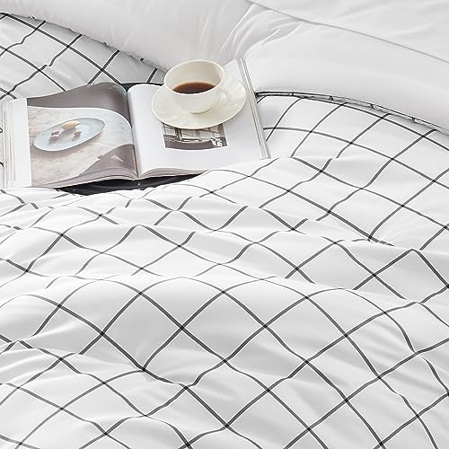 SLEEP ZONE Dorm Comforter Twin XL, 5 Pieces Geometric Plaid Pattern Printed Soft Microfiber Bedding, Breathable & Soft Bed in A Bag (Grey Grid White, Twin XL) SLEEP ZONE
