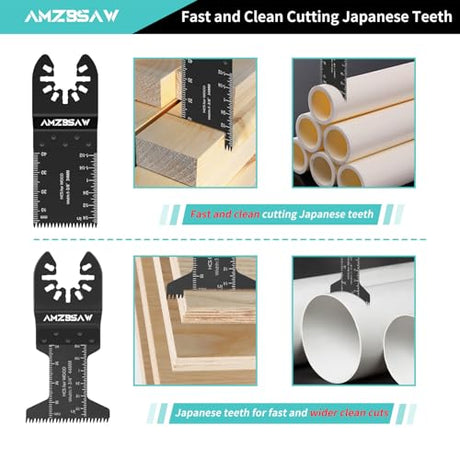 AMZBSAW 110PCS Oscillating Saw Blades Set, Professional Titanium Oscillating Tool Blade for Metal Wood Plastics, Quick Release Multi Tool Blades Kits Fit Bosch Dewalt Milwaukee Ryobi AMZBSAW