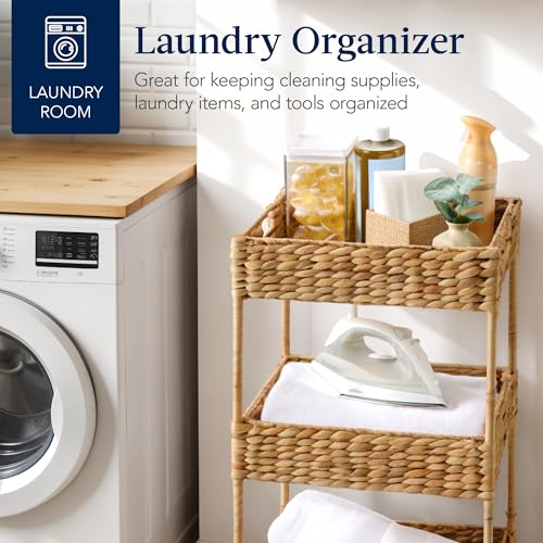 Best Choice Products 3-Tier Water Hyacinth Rolling Nursery Caddy w/Wheels, Utility Cart, Storage Organization for Bathroom, Craft Room, Laundry Room - Natural