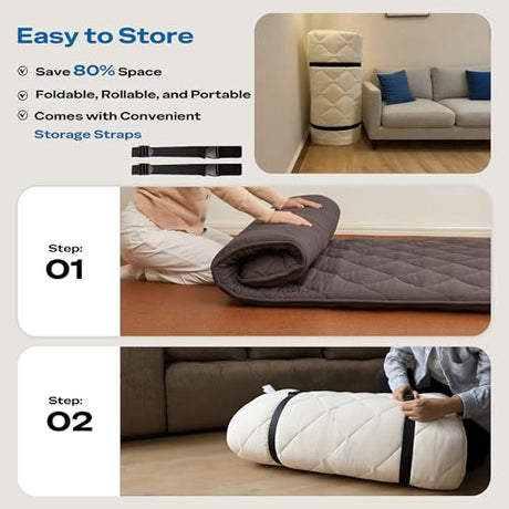 Aircliff Japanese Floor Mattress Futon - Foldable Tatami Mat Mattress, High Density Foam Sleeping Pad, Shikibuton, Designed in Japan, Roll-Up Floor Bed for Dorm, Lounger, or Guest (Grey, Twin) Aircliff