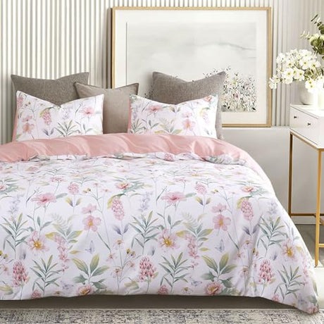 Wake In Cloud - Floral Comforter Set, Cottagecore Aesthetic Botanical Flower and Tree Leaves, Soft Lightweight Bedding for Women Teen Girls, 3 Pieces, Pink Green, Full Size Wake In Cloud
