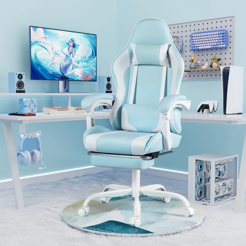 Homall Gaming Chair, Video Game Chair with Footrest and Massage Lumbar Support, Ergonomic Computer Chair Height Adjustable with Swivel Seat and Headrest (Light Blue) Homall