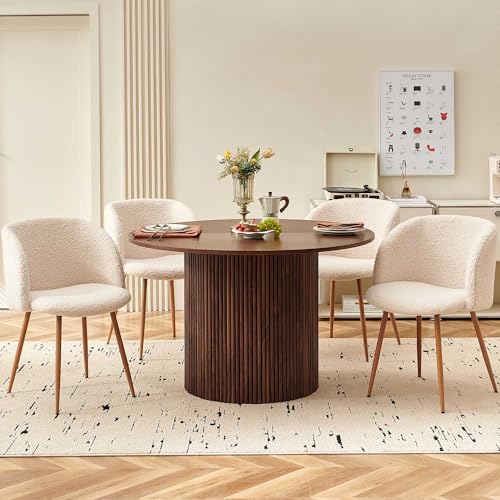 Homedot 5 Piece 47-inch Round Dining Table Set for 4, Rustic Walnut Dinner Table with Upholstered Sherpa Dining Room Chairs Set, Engineered Wood Kitchen Table with Wood Strips Base Homedot