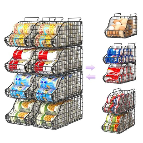 8-Pack Can Organizer for Pantry, Stackable Cabinet Food Shelves for Fridge, Wire Cupboard Storage, Holds up to 72 Beers,Small Metal Bin for Drink Beverage Egg Gillas, Rack for Kitchen Countertops RV Sonyabecca