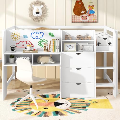 Merax Full Size Low Loft Bed with Built-in Desk,Storage Cabinets and Open Bookcase,Whiteboard for Graffiti,White Merax