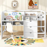 Merax Full Size Low Loft Bed with Built-in Desk,Storage Cabinets and Open Bookcase,Whiteboard for Graffiti,White Merax