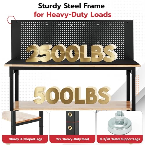 DNYKER 60" Adjustable Height Workbench, 3000 LBS Heavy Duty Work Table for Garage,Rubber Wood Workstation with USB Power Outlets/Wheels/Pegboard for Workshop, Office, Home DNYKER