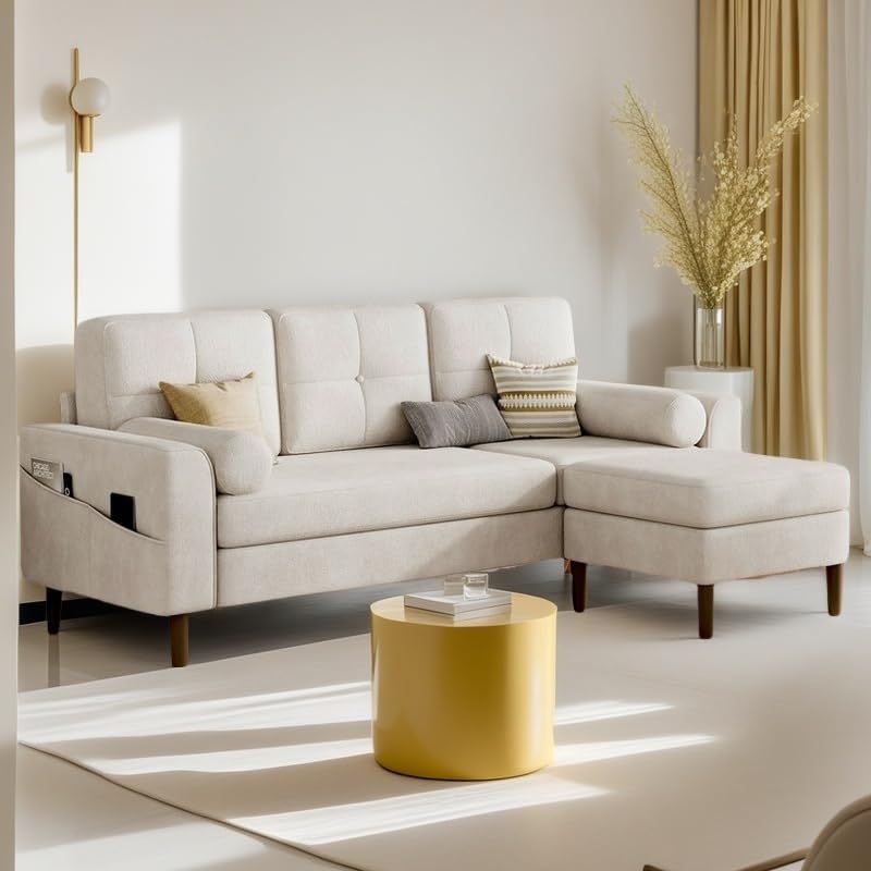 YITAHOME 78" Sectional Sofa Couch with Removable Ottoman, Cat-Scratch-Proof Fabric Sofa for Living Room Apartment, L-Shaped Sofa with 2 Cylinder Neck Pillows and Storage Pocket, Beige YITAHOME