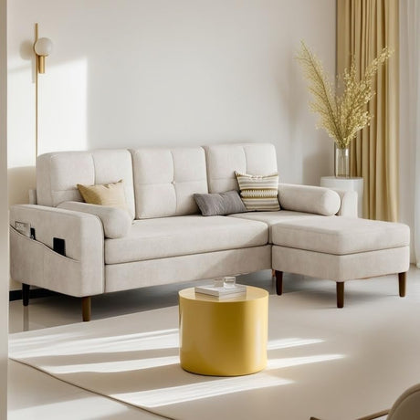 YITAHOME 78" Sectional Sofa Couch with Removable Ottoman, Cat-Scratch-Proof Fabric Sofa for Living Room Apartment, L-Shaped Sofa with 2 Cylinder Neck Pillows and Storage Pocket, Beige YITAHOME