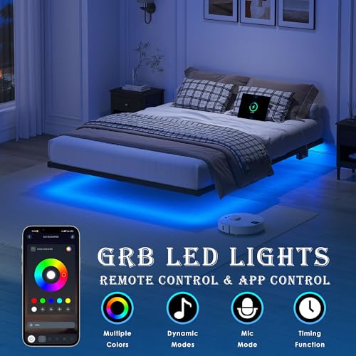 YORMDMO Floating Bed Frame King Size, Heavy Duty Bedframe with Smart LED Lights & Charging Station, Modern Metal Platform Bed, Easy Assembly No Box Spring Needed, 10 Inch YORMDMO